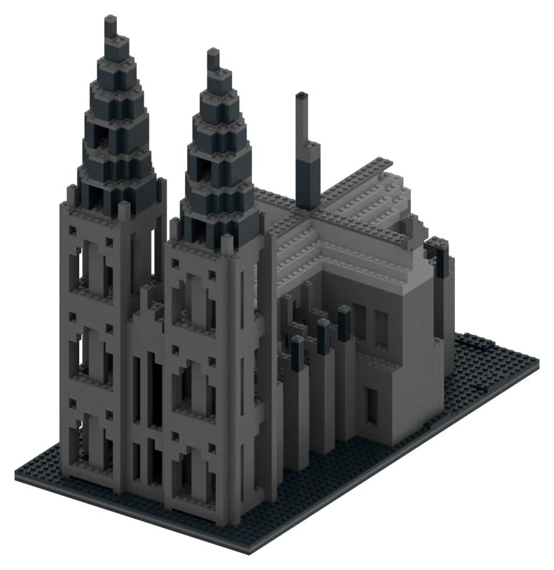 A dark gray brick model of Cologne Cathedral with twin towers