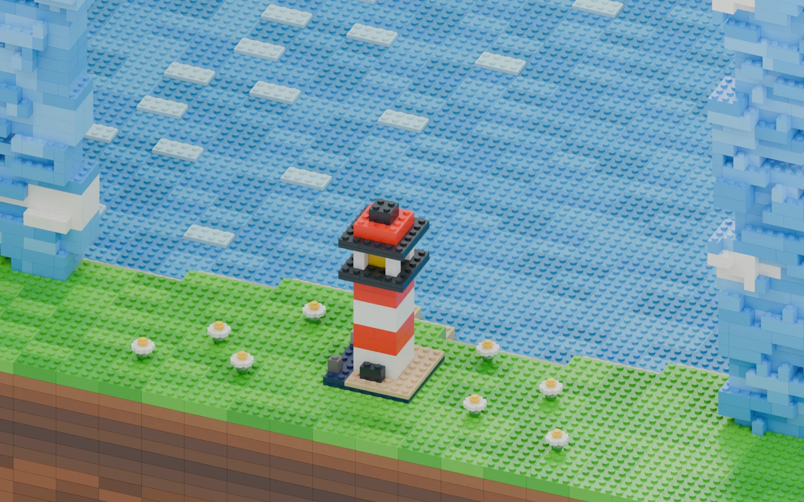 A completed red and white brick lighthouse on a grassy coast
