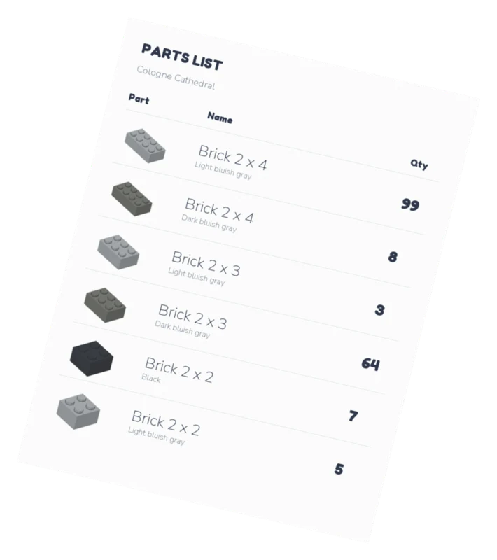 A parts list with brick thumbnails, part names and quantities